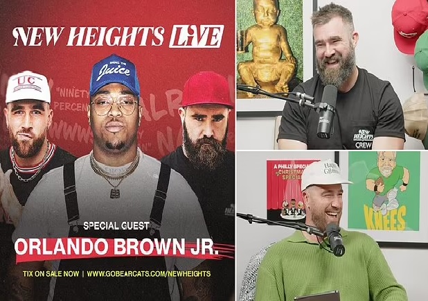 Travis and Jason Kelce welcome another guest to Thursday's New Heights live show with Orlando Brown Jr joining Bengals teammate Joe Burrow at the hotly anticipated night at Nippert Stadium