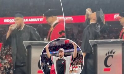 Travis Kelce chugs, slams beer during Cincinnati graduation ceremony amid wild ‘New Heights’ live show