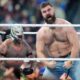 JUST IN: Jason Kelce and Lane Johnson make surprise appearance at WrestleMania at Philadelphia's Lincoln Financial Field - home of the Eagles - as they help Rey Mysterio and Andrade to victory