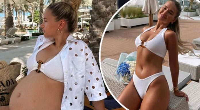 'Tried to embrace my new body!' Molly-Mae Hague shows off her baby bump in a white bikini as she shares comparison to the beginning of her pregnancy