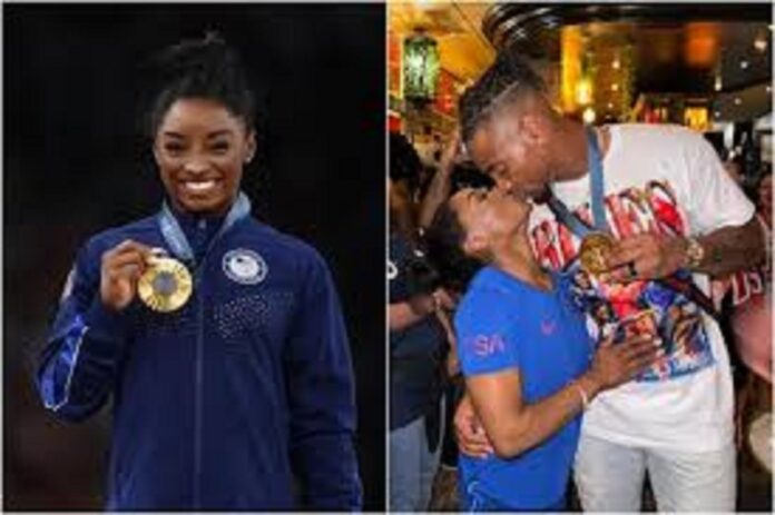 Just In: Simone Biles’ Husband Jonathan Owens shower kisses on his Wife as She Becomes the Most Decorated U.S. Gymnast in Olympic History.